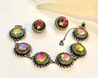 Vintage Signed Schiaparelli Watermelon Rhinestone Bracelet Earring Set 1950s w/Safety Chain