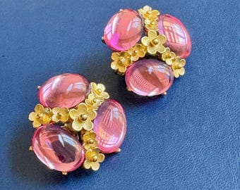 Trifari Pink Cabochon Gold Tone Flowers Comfort Clip Earrings