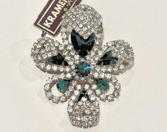 Vintage Signed Kramer Layered Emerald Green Rhinestone Large Floral Brooch w/ Tag
