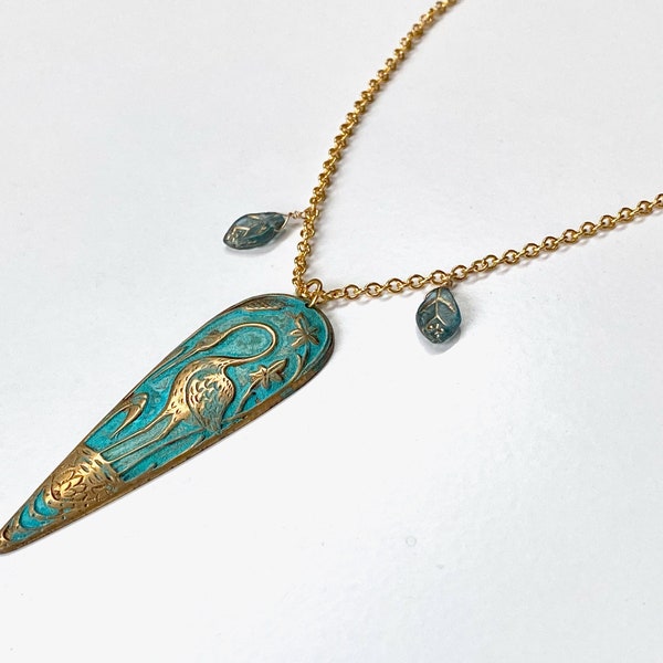 Large Blue Heron Brass Drop Czech Glass Leaves Pendant Necklace