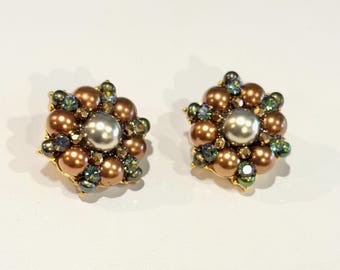 Vintage Jose & Maria Barrera Bronze Faux Pearls Teal Austrian Crystal Cluster Clip-on Earrings, Signed