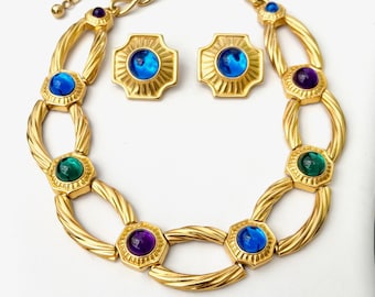 Signed Trifari Moghul Style Colored Cabochon Gold Tone Statement Necklace and Earrings Set