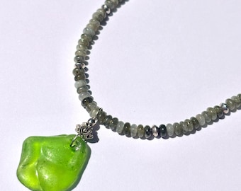 Genuine Bubble Textured Green Sea Glass, Labradorite Beaded Necklace