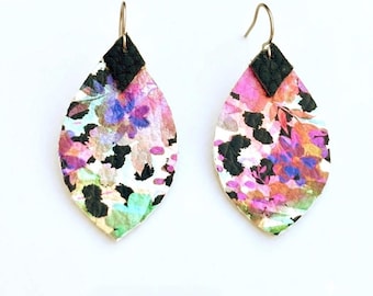 Colorful Floral Teardrop Dangle Layered Leather Earrings