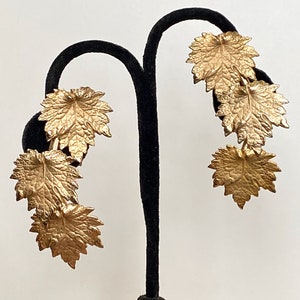 SALE Vintage Napier Gold Maple Leaf Ear Climber Earrings  //  Early Napier Signed Gold Multi Leaf Dangling Clip Earrings