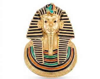 Eisenberg Gold Enamel Egyptian Revival King Tut Pendant, 1970s Vintage Signed