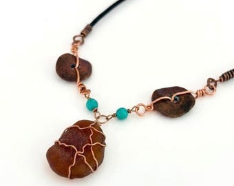 Amber Sea Glass Bronze Disc with Turquoise Beaded Boho Necklace, Wire Wrapped