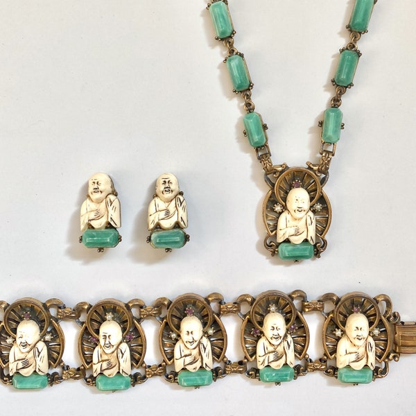 Selro Sellini Attributed Smiling Buddha Necklace Bracelet Earrings Vintage Figural Set