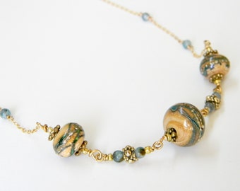 Lampwork Glass Teal Blue & Gold Kyanite Stone Beaded Necklace