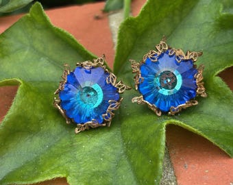 Amourelle Blue Faceted Flower Glass Antiqued Gold Hand Wired Signed Earrings