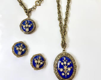 Vintage Trifari Cobalt Blue Enamel Faux Pearl Flower Locket Necklace, Bracelet, Earrings Parure Set