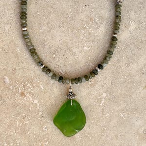 Genuine Green Sea Glass and Labradorite Beaded Necklace - Unique Bubbled Texture