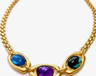 1980s Trifari Colorful Cabochon Oval Link Gold Tone Necklace, Signed w/ Original Tag