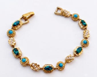 Vintage Signed ART Aqua Rhinestone Beaded Faux Seed Pearls Gold Tone Bracelet, Arthur Pepper