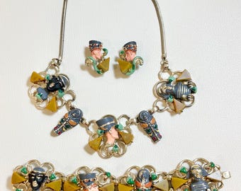 Vintage 1960s Hobe Egyptian Revival Enamel Bakelite Parure Set, Bracelet Necklace Earrings