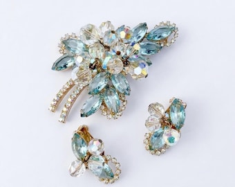 Juliana DeLizza Elster Aqua Blue Crystal Leaf Brooch Earrings Set Cha Cha Demi Parure