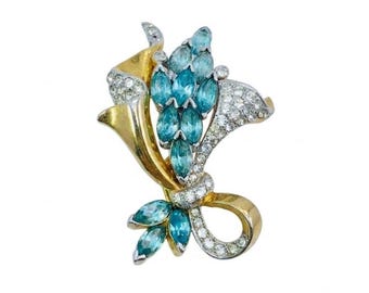 Kramer of New York Aqua Marquise Rhinestone Bouquet 2-tone Signed Brooch