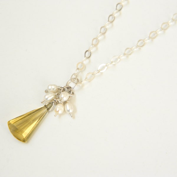 Lemon Yellow Facetted Triangular Gemstone and Freshwater Pearl Cluster Pendant Necklace