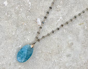 Oval Aquamarine Gemstone Pendant Necklace, Labradorite Sterling Silver Chain