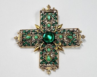Signed ART Arthur Pepper Maltese Cross Brooch, Green Cabochons and Rhinestones