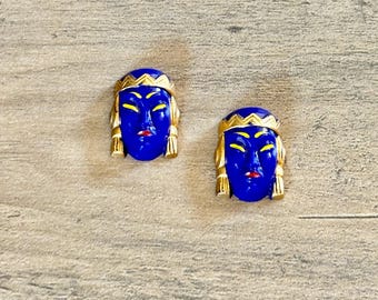 Vintage Hand-painted Molded Blue Glass Asian Princess Faces Cabochon Pieces