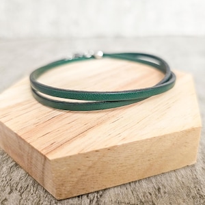 Dark green genuine leather bracelet, double wrap wristband
