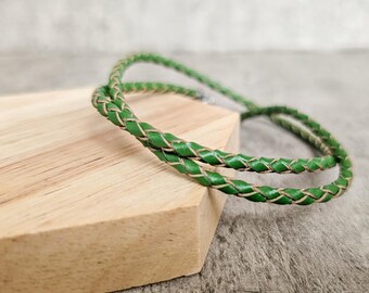Green braided genuine leather bracelet, double wrap wristband