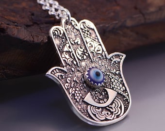 Hamsa  Silver Pendant with evil eye protection eye