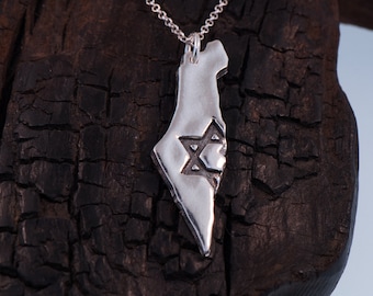 Half A  Jewish Star Masculine ISRAEL Silhouette Map Land Of Israel Necklace in Sterling silver.