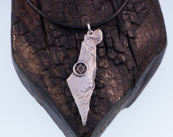 Topographic Map Of Israel with Star of David, Jewish Star Pendant in Fine Silver. Terrain Of Israel,  Pro Israel. Stand with Israel.