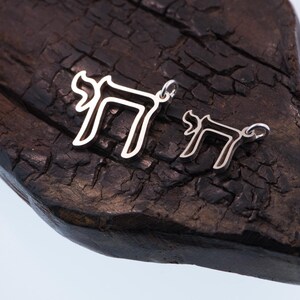 Peut inclure: Deux pendentifs Chai argent&eacute;s, un grand et un petit, reposent sur une surface en bois sombre et textur&eacute;e. Les pendentifs ont la forme de la lettre h&eacute;bra&iuml;que Chai, symbole de la vie. Le fond est bleu clair.