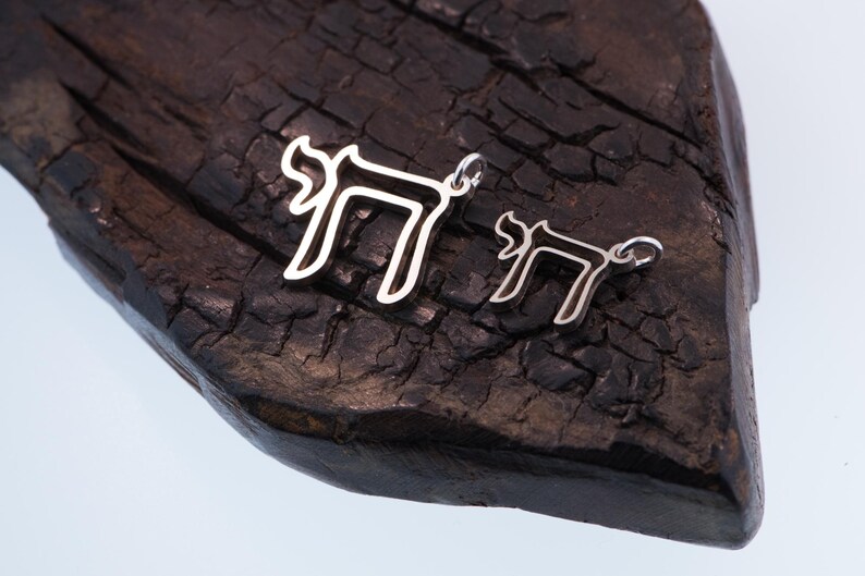 Peut inclure: Deux pendentifs Chai argent&eacute;s, un grand et un petit, reposent sur une surface en bois sombre et textur&eacute;e. Les pendentifs ont la forme de la lettre h&eacute;bra&iuml;que Chai, symbole de la vie. Le fond est bleu clair.