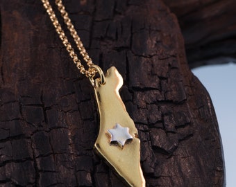 Silver Jewish Star, Star Of David On Gold ISRAEL Homeland Map Necklace
