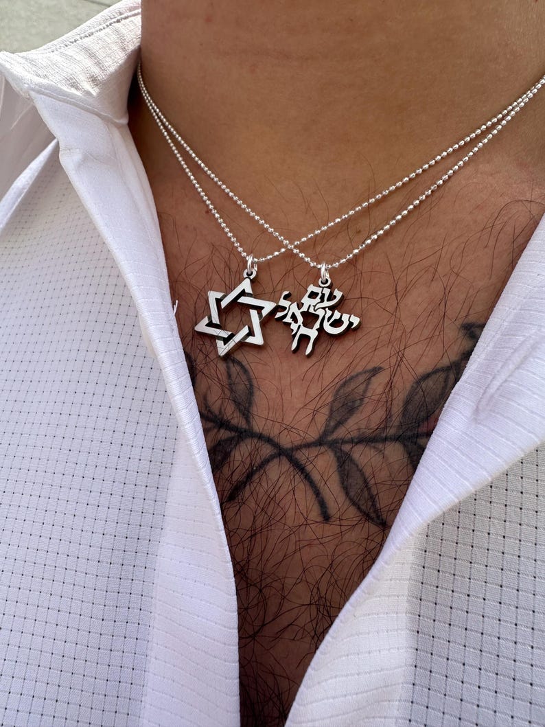 Puede incluir: Un collar de cadena de plata con dos colgantes. Un colgante es una estrella de David y el otro es una inscripci&oacute;n en hebreo.