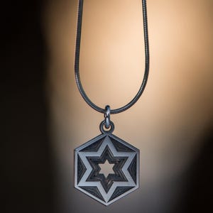 Peut inclure: Un collier argent&eacute; avec un pendentif hexagonal orn&eacute; d'un motif d'&eacute;toile &agrave; six branches. L'&eacute;toile est superpos&eacute;e &agrave; l'int&eacute;rieur de l'hexagone, cr&eacute;ant un motif g&eacute;om&eacute;trique d&eacute;taill&eacute;. La cha&icirc;ne est fine et argent&eacute;e. Le fond est un d&eacute;grad&eacute; de marron et de noir.