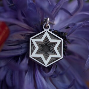 Peut inclure: Un pendentif argent&eacute; avec un motif d'&eacute;toile en couches, suspendu sur un fond de p&eacute;tales de fleurs violettes. Le pendentif a un cadre hexagonal et une s&eacute;rie d'&eacute;toiles imbriqu&eacute;es, cr&eacute;ant un effet tridimensionnel. Les p&eacute;tales de fleurs offrent un arri&egrave;re-plan doux et flou.