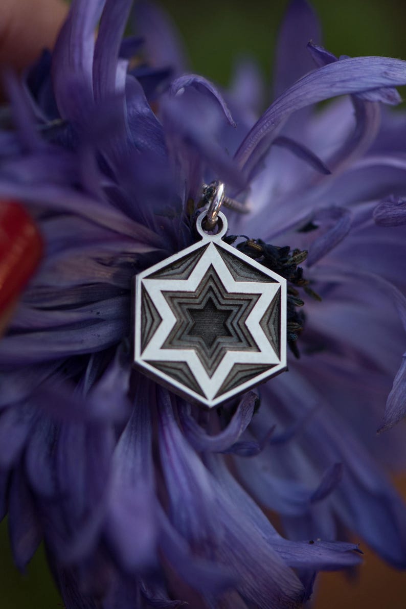 Peut inclure: Un pendentif argent&eacute; avec un motif d'&eacute;toile en couches, suspendu sur un fond de p&eacute;tales de fleurs violettes. Le pendentif a un cadre hexagonal et une s&eacute;rie d'&eacute;toiles imbriqu&eacute;es, cr&eacute;ant un effet tridimensionnel. Les p&eacute;tales de fleurs offrent un arri&egrave;re-plan doux et flou.