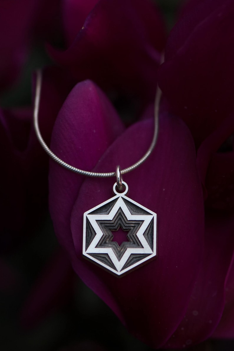 Peut inclure: Un collier avec un pendentif argent&eacute; repr&eacute;sentant une &eacute;toile &agrave; plusieurs couches dans un cadre hexagonal. Le pendentif est suspendu &agrave; une fine cha&icirc;ne argent&eacute;e. Le fond est un violet profond flou, cr&eacute;ant un contraste saisissant.