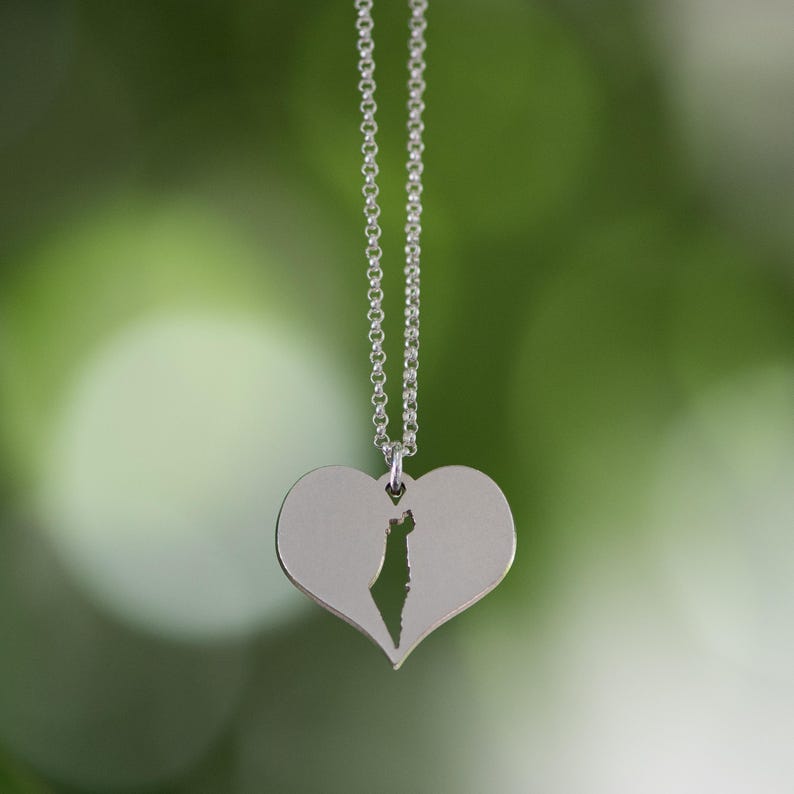 Op de afbeelding: Een zilverkleurige ketting met een hartvormige hanger. De hanger is in twee&euml;n gesplitst, met een gedetailleerde uitsparing van de vorm van een land in het midden. De ketting hangt tegen een vage groene achtergrond.