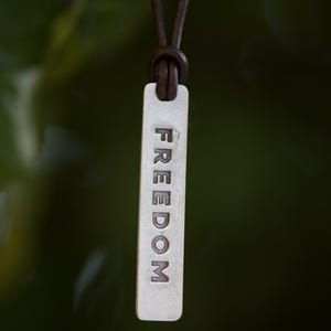 May include: A silver rectangular pendant with the word "FREEDOM" engraved vertically. The pendant is suspended from a brown leather cord. The background is a blurred green.