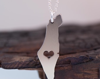 ISRAEL Silhouette Map Necklace Hollow Heart Silver or Gold