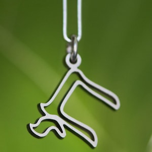 Peut inclure: Un collier pendentif argent&eacute; avec un design abstrait unique. Le pendentif est suspendu &agrave; une cha&icirc;ne d&eacute;licate sur un fond vert flou. La forme du pendentif est un contour stylis&eacute;.