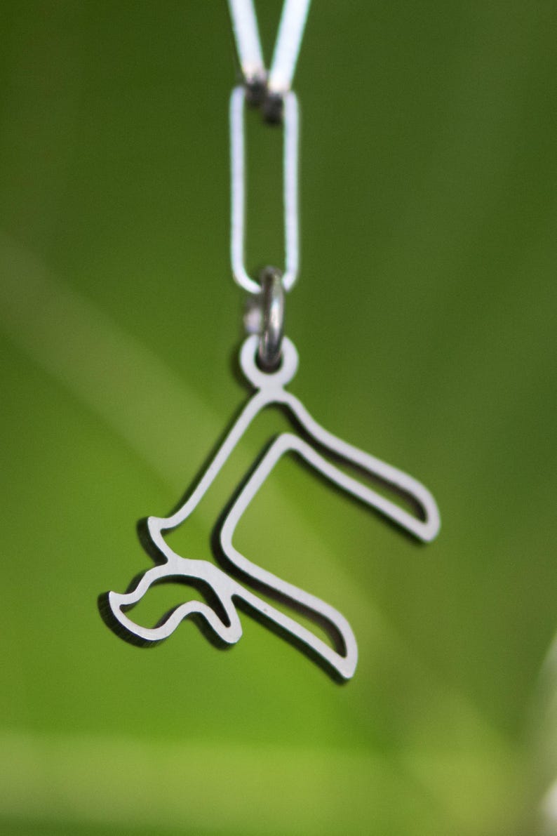 Peut inclure: Un collier pendentif argent&eacute; avec un design abstrait unique. Le pendentif est suspendu &agrave; une cha&icirc;ne d&eacute;licate sur un fond vert flou. La forme du pendentif est un contour stylis&eacute;.