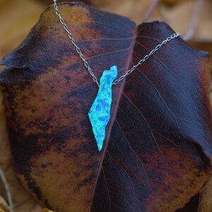Op de afbeelding: Een zilveren ketting met een blauwe opaal hanger in de vorm van de omtrek van Isra&euml;l. De ketting ligt op een bruin blad.