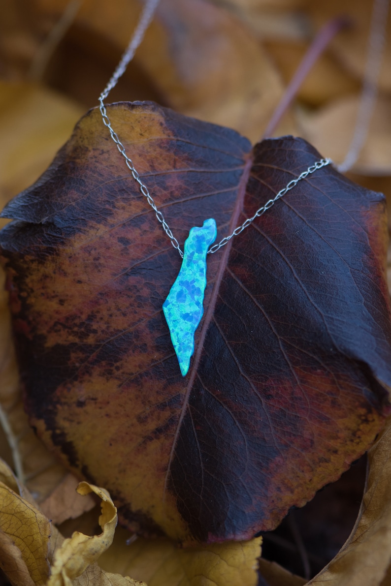 Op de afbeelding: Een zilveren ketting met een blauwe opaal hanger in de vorm van de omtrek van Isra&euml;l. De ketting ligt op een bruin blad.