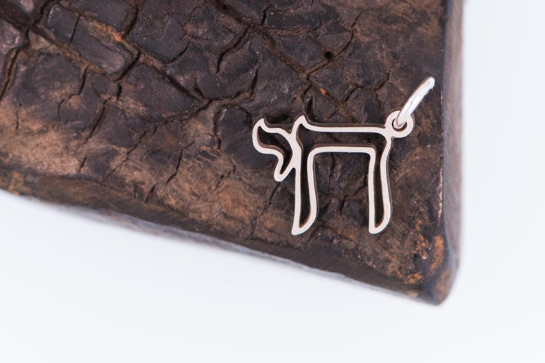 Peut inclure: Un pendentif argent&eacute; en forme du mot h&eacute;breu "Chai" signifiant "vie". Le pendentif est pr&eacute;sent&eacute; sur une surface en bois sombre et textur&eacute;e. Le pendentif a une petite boucle pour une cha&icirc;ne.