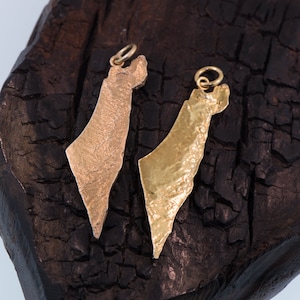 May include: Two metal pendants shaped like the map of Israel, each featuring a textured surface and a small circular jump ring at the top. One pendant has a matte, copper-toned finish, while the other has a bright, polished gold-toned finish.