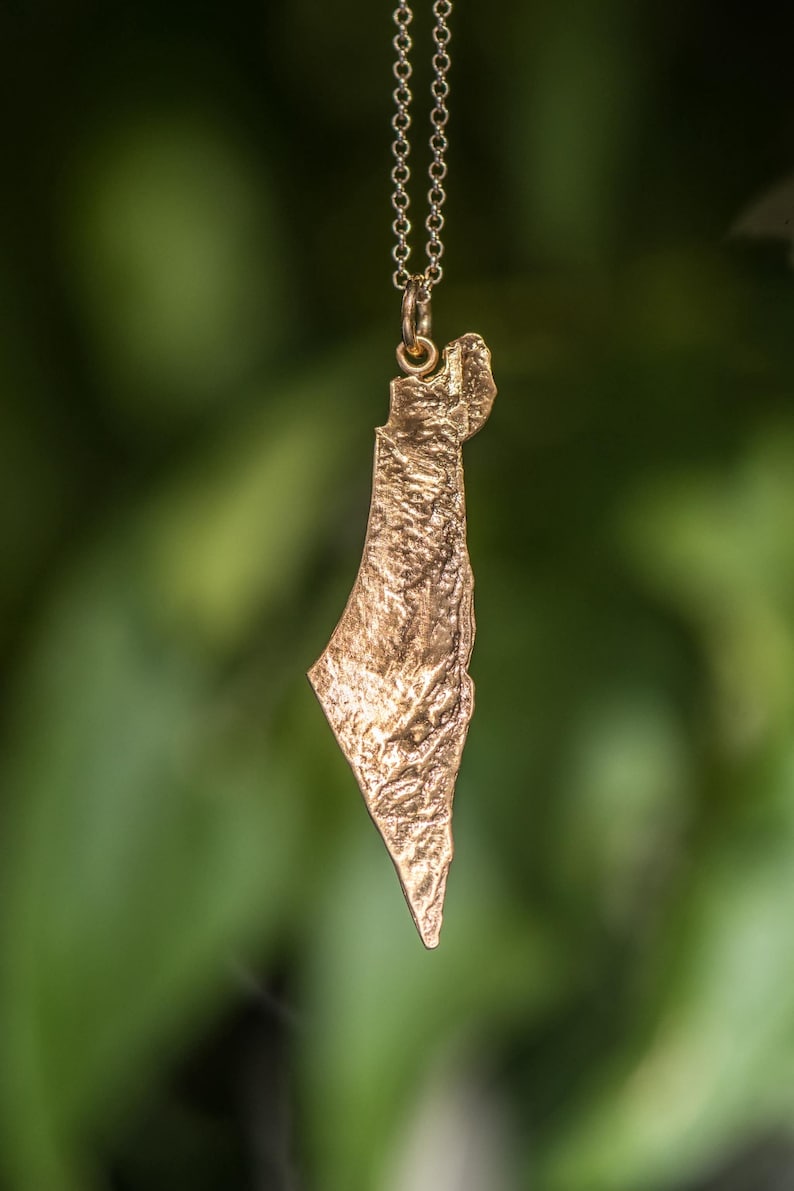 May include: A gold-toned metal pendant shaped like the map of Israel, featuring a textured, topographical surface detail. The pendant hangs from a delicate matching gold-toned metal chain, suspended vertically against a blurred green background.