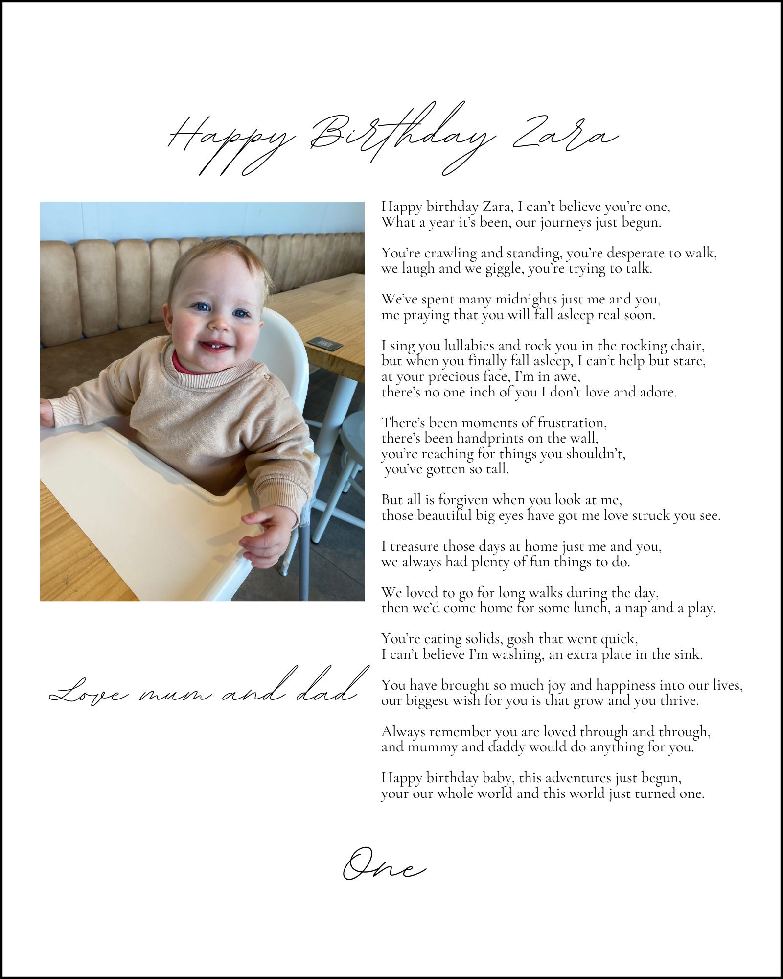First birthday poem, editable template, happy first birthday poem for baby turning one, birthday gift, editable, canvas template