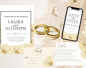Floral Wedding Invitation, Fall Wedding Invitation, Yellow Wedding Invitation